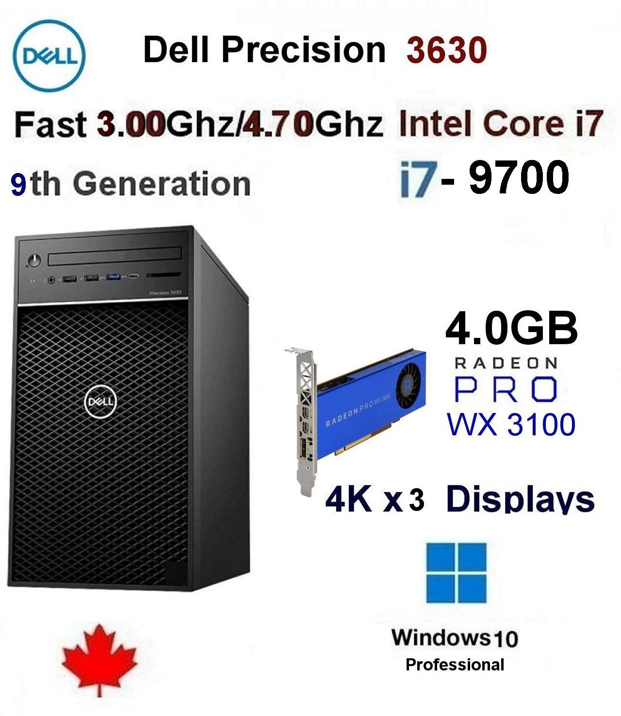 Fast 8 Core 3.00Ghz-4.70Ghz Intel-i7-9700 Dell Precision 3630 PC 16GB 500GB SSD, 4.0GB Radeon Pro WX 3100 Blue Edition W10