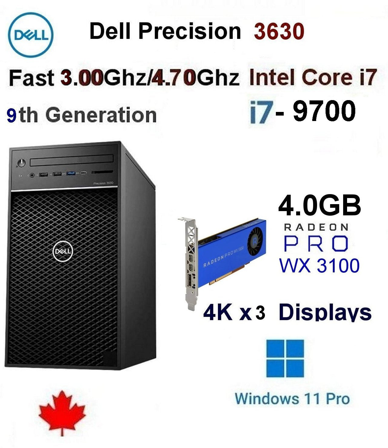 Fast 8 Core 3.00Ghz-4.70Ghz Intel-i7-9700 Dell Precision 3630 PC 16GB 1.0TB SSD, 4.0GB Radeon Pro WX 3100 Blue Edition W11